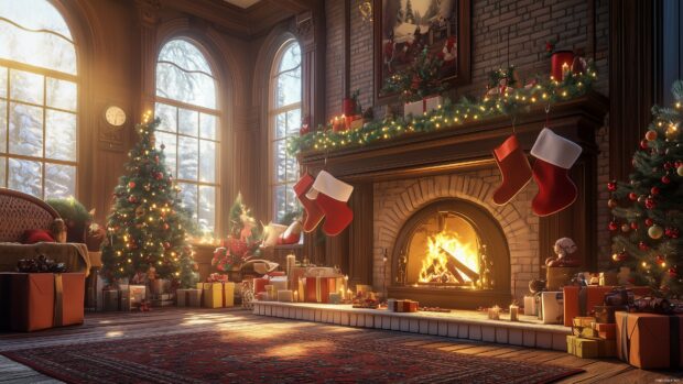 A cozy fireplace adorned with holiday decorations.