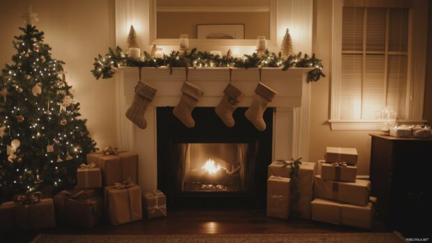 A cozy fireplace adorned with holiday decorations, stockings hanging from the mantle.