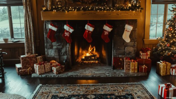 A cozy fireplace adorned with holiday decorations, stockings hanging from the mantle, and a warm glow illuminating the room.