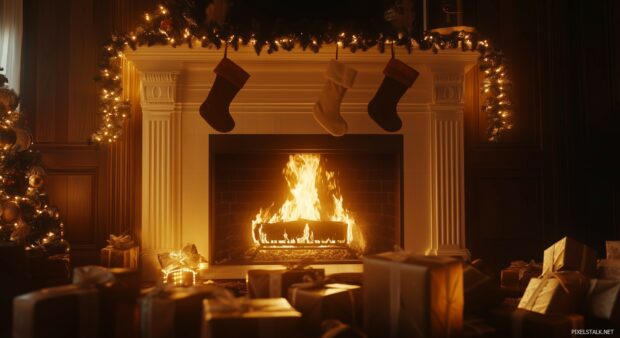 A cozy fireplace adorned with holiday decorations, stockings hanging from the mantle, and a warm glow illuminating the room, surrounded by beautifully wrapped gifts.