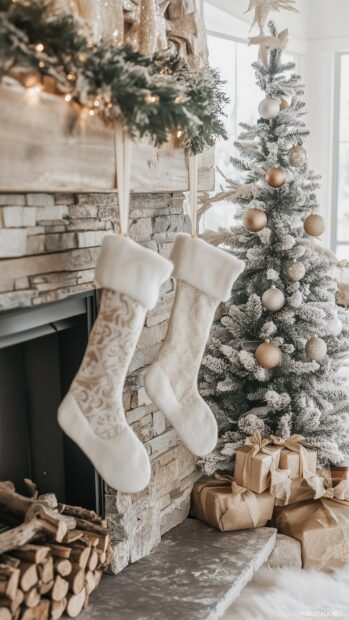 A cozy fireplace setting with a beautifully adorned Christmas tree and stockings hung with care.