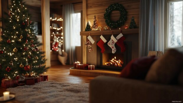 A cozy living room scene featuring a Christmas tree, stockings hanging by the fireplace, and a wreath on the wall.