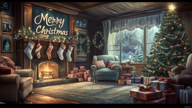 A cozy living room scene with a decorated Christmas tree, gifts underneath, and stockings on the fireplace, ornaments, lights, and garlands.