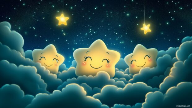 A cozy night sky scene with cute cartoon stars peeking out from behind fluffy clouds, twinkling against a soft twilight backdrop.