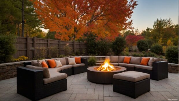 A cozy outdoor seating area with a fire pit in fall.