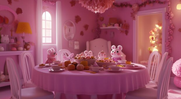 A cozy pink Thanksgiving wallpaper with a Kawaii style family of animals sharing a meal at a beautifully set table, with soft lighting and fall themed decor.