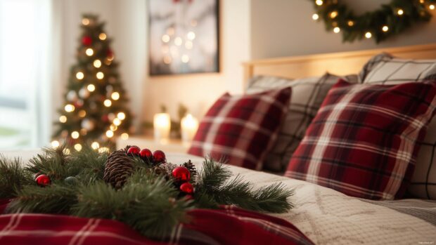 A cozy preppy bedroom with Christmas themed plaid bedding and decor.