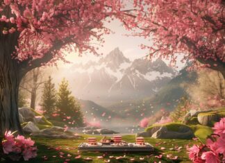 A cozy spring picnic under blossoming trees with a view of distant mountains.