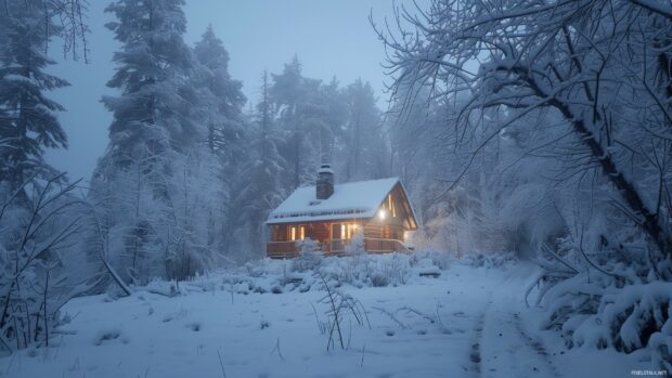 A cozy winter cabin surrounded by tall, snow laden trees.