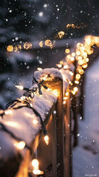 A cozy winter scene featuring Christmas lights draped over a rustic wooden fence and glowing softly in the snowfall.