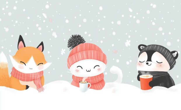 A cozy winter scene with cute animals bundled up in scarves and hats, playing in the snow and sipping hot cocoa.