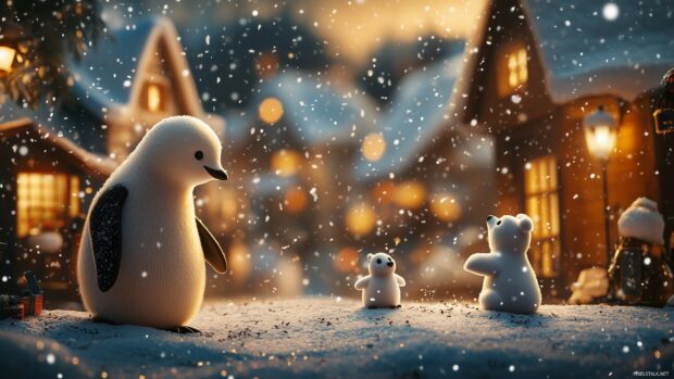 A cozy winter scene with cute animals like penguins and polar bears with soft falling snowflakes in the background.