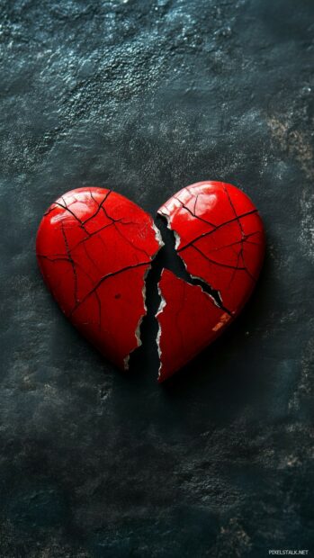 A cracked red heart split down the middle on a dark gray background.