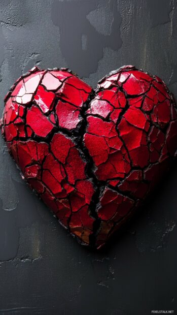 A cracked red heart split down the middle on a dark gray background.