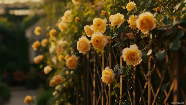 A creative perspective of yellow roses cascading over a trellis, bathed in soft evening light.