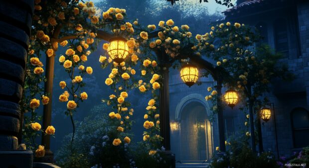 A creative perspective of yellow roses cascading over a trellis, bathed in soft evening light, capturing the romantic essence of a blooming garden.