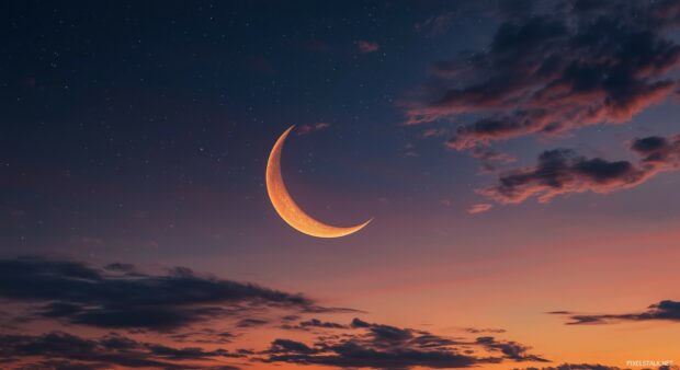 A crescent moon floating in a dark, elegant sky with soft pastel clouds and a refined scattering of stars.