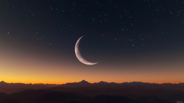 A crescent moon hanging delicately in a crystal clear night sky, surrounded by faint stars, with a distant mountain range silhouetted against the horizon.