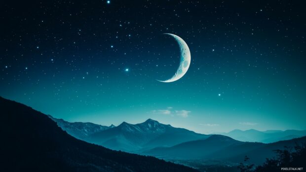 A crescent moon hanging delicately in a crystal clear night sky, surrounded by faint stars, with a distant mountain range silhouetted against the horizon.