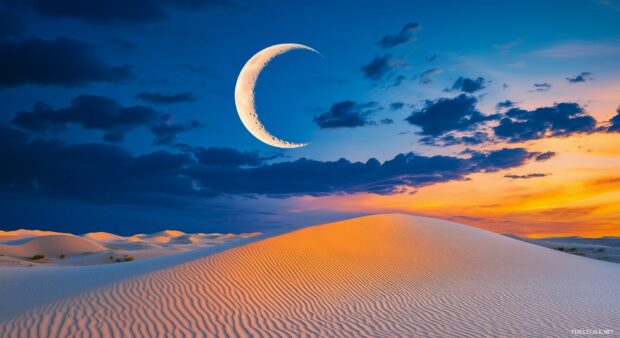 A crescent moon hanging low in the sky, casting long shadows over a desert landscape, with soft sand dunes in the foreground.