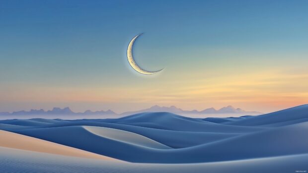 A crescent moon hanging low in the sky, casting long shadows over a desert landscape, with soft sand dunes in the foreground, 4K wallpaper.