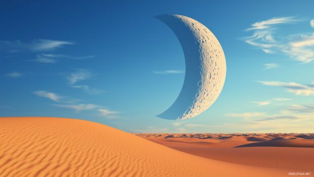 A crescent moon hanging low in the sky, casting long shadows over a desert landscape, with soft sand dunes in the foreground.