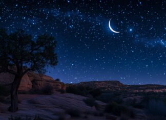 A crescent moon shining brightly amidst a sky full of twinkling stars.