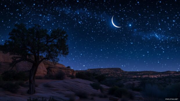 A crescent moon shining brightly amidst a sky full of twinkling stars.