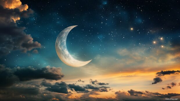 A crescent moon shining brightly amidst a sky full of twinkling stars, casting a soft glow over a peaceful landscape.