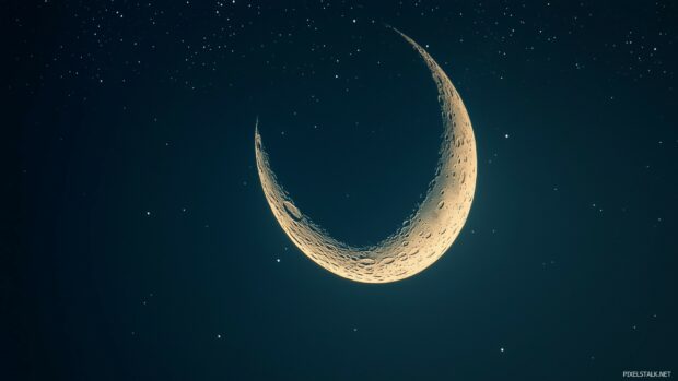 A crescent moon with a sharp, refined silhouette, floating in a clean, dark night sky, complemented by minimal star patterns and a touch of elegance.