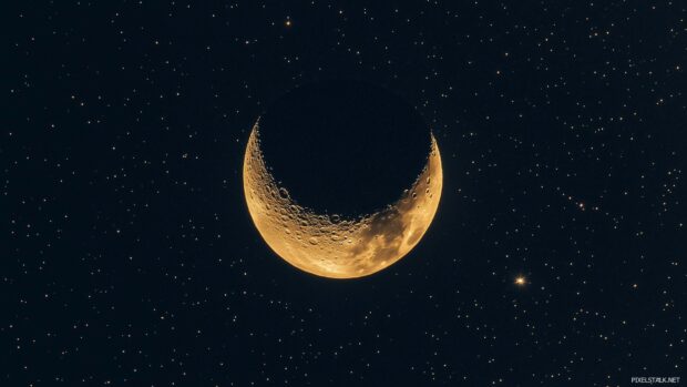 A crescent moon with a sharp, refined silhouette, floating in a clean, dark night sky, complemented by minimal star patterns and a touch of elegance.