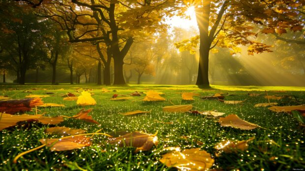 A crisp fall morning with dew on the grass and leaves, sunlight streaming through the trees.