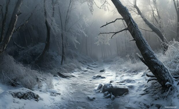 A crisp winter morning in a forest with snow dusted branches, icy ground, and a misty, cool ambiance.