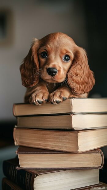 A curious Cocker Spaniel dog wallpaper for phone with big, soulful eyes, sitting next to a stack of books.