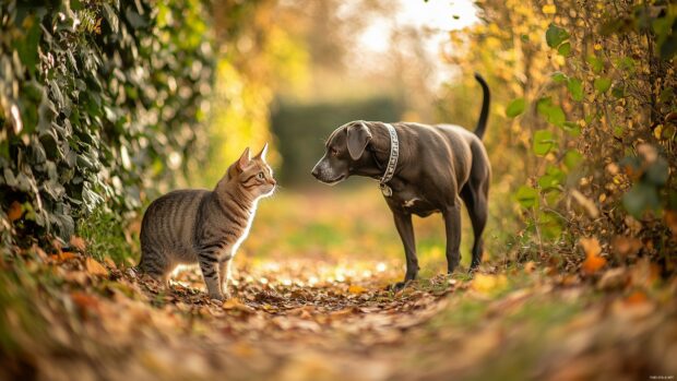 A curious cat and dog exploring a nature trail surrounded by autumn leaves.