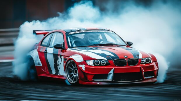 A custom built drift car with aggressive bodywork, performing a perfect drift on a racetrack, with thick smoke enveloping the rear tires.