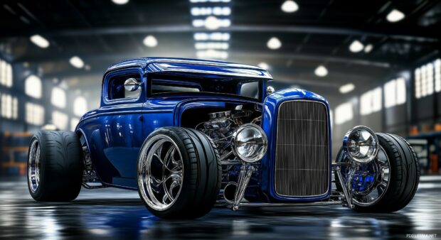 A custom hot rod 1080P Car Wallpaper HD with a chrome finish, showcased under spotlights in an industrial warehouse.