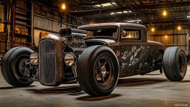 A custom hot rod with a chrome finish, showcased under spotlights in an industrial warehouse.