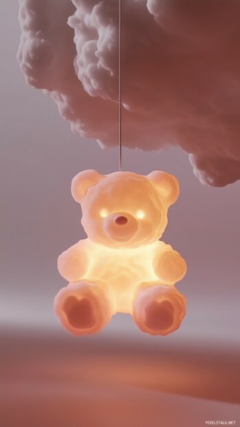 A cute 3D teddy bear shape, softly glowing in pastel tones.