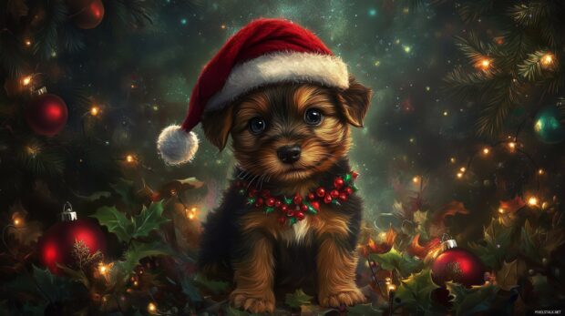 A cute Christmas puppy wearing a red Santa hat, surrounded by festive decorations and sparkling fairy lights (2).