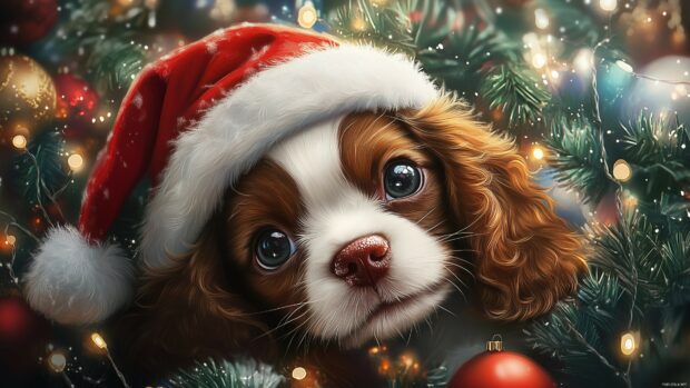 A cute Christmas puppy wearing a red Santa hat, surrounded by festive decorations and sparkling fairy lights.