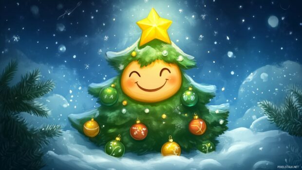 A cute Christmas tree with smiling ornaments and a star on top.