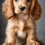 A cute Cocker Spaniel puppy with big, soulful eyes, sitting next to a stack of books.