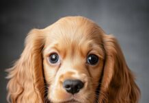 A cute Cocker Spaniel puppy with big, soulful eyes, sitting next to a stack of books.