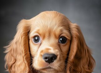 A cute Cocker Spaniel puppy with big, soulful eyes, sitting next to a stack of books.