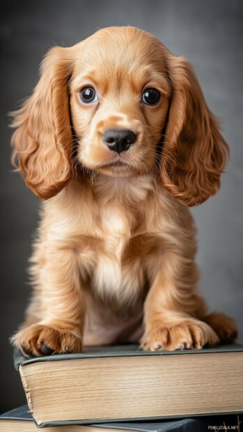 A cute Cocker Spaniel puppy with big, soulful eyes, sitting next to a stack of books.