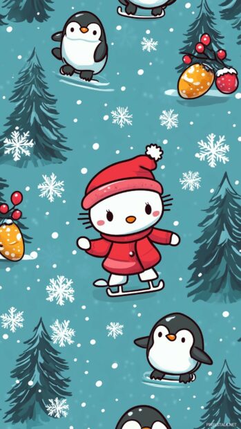 A cute Hello Kitty ice skating with little penguins, winter scene pattern with snowflakes and pine trees.