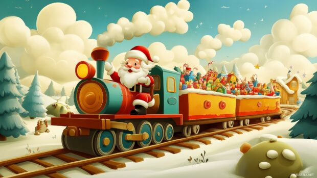 A cute Santa Claus riding a colorful train filled with toys.