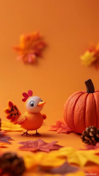 A cute Thanksgiving design featuring a tiny turkey and a pumpkin with playful expressions, set against a cozy, fall colored background.