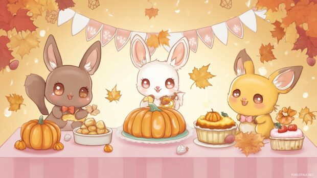 A cute Thanksgiving table with adorable animal characters in Kawaii style, enjoying pumpkin pie and other treats, with festive banners and fall leaves in the background.